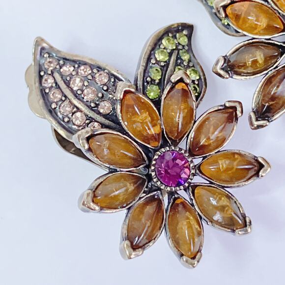 Signed Heidi Daus Pink Swarovski Crystal & Faux Amber Floral Clip On Earrings - Picture 5 of 12